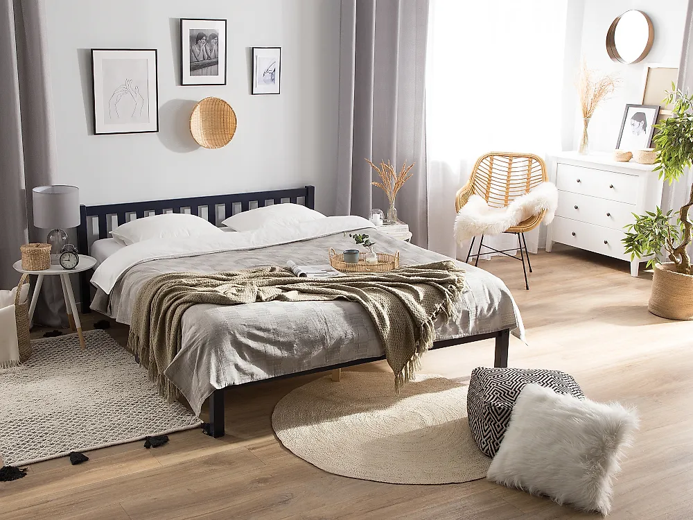 Bed Pine Wood FLORAC 140 x 200 cm (EU Double) Navy Blue_1171929