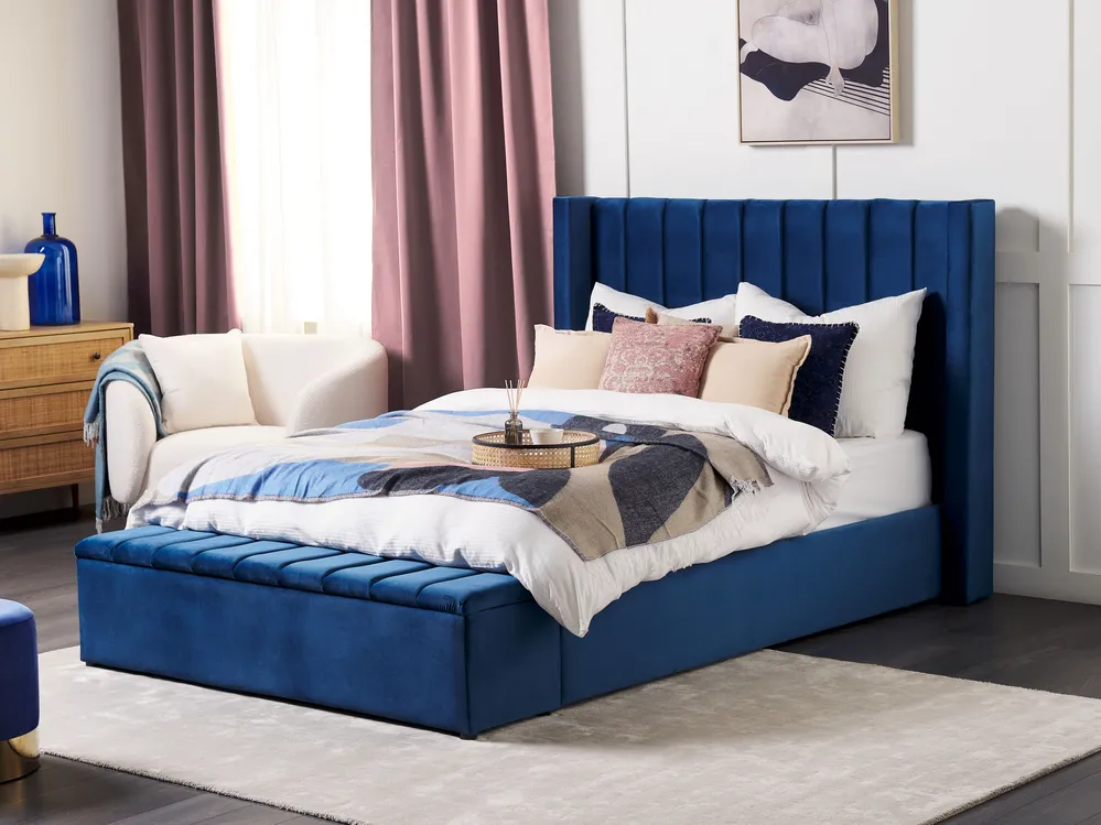 Bed with Storage Bench NOYERS Velvet Navy Blue 140 x 200 cm (EU Double)