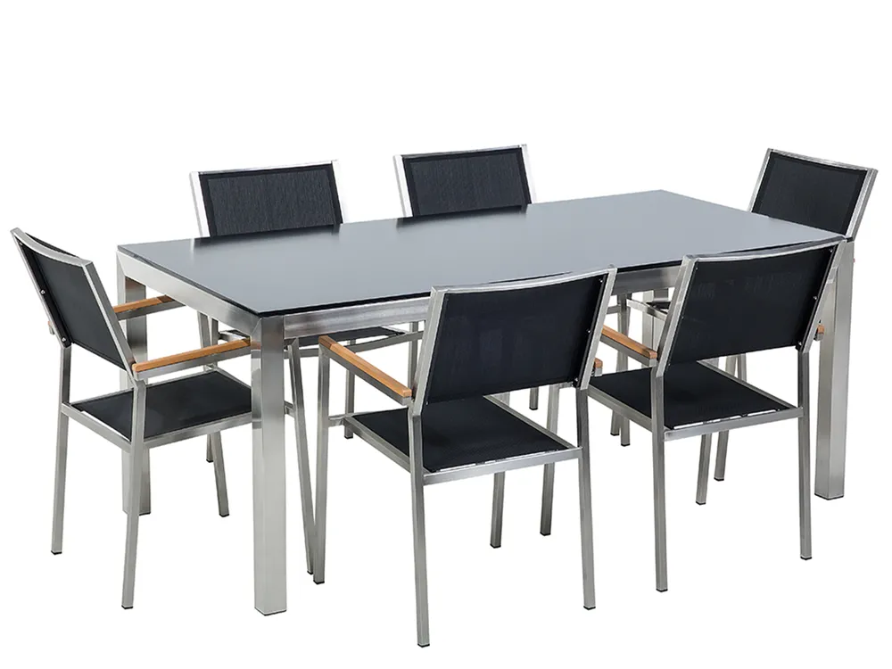 Garden Dining Set 6 Seater GROSSETO Tempered Glass Black