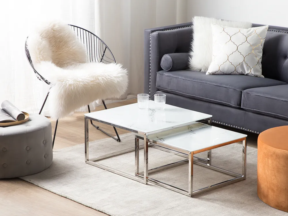 Set of 2 Coffee Tables BREA Tempered Glass White Marble