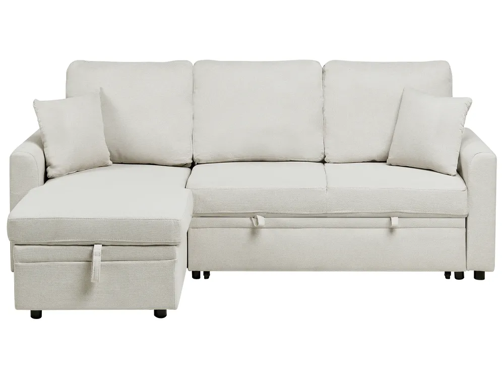 Corner Sofa Bed 3 Seater NASSJO Faux Linen Off-White Right Hand