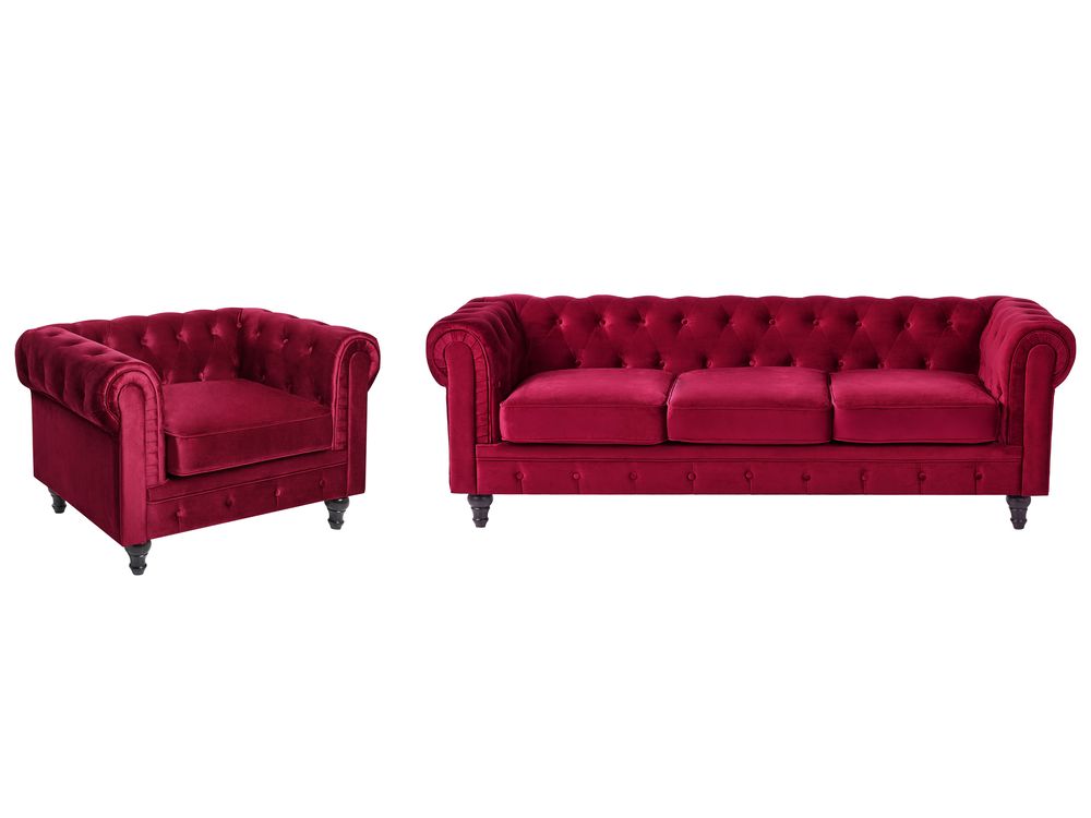 Sohvaryhmä 4-istuttava CHESTERFIELD Sametti Tummanpunainen