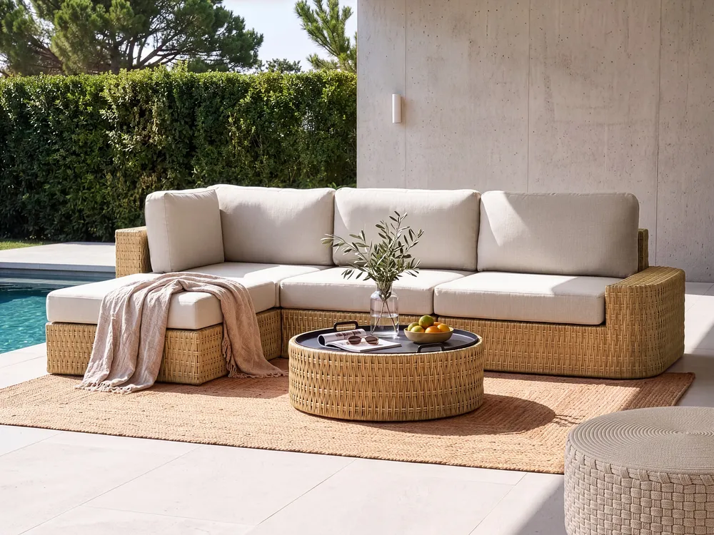 Garden Corner Sofa with Table 4 Seater OLIVERI PE Rattan Beige Right Hand