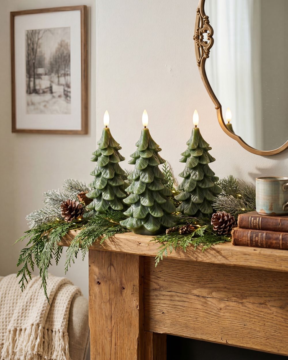 Set of 3 LED Candles VELOURA 16 cm Christmas Tree Green