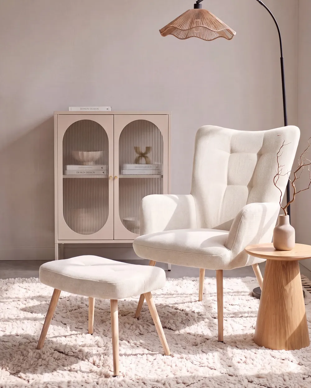 Wingback Chair VEJLE with Footstool Fabric Light Beige