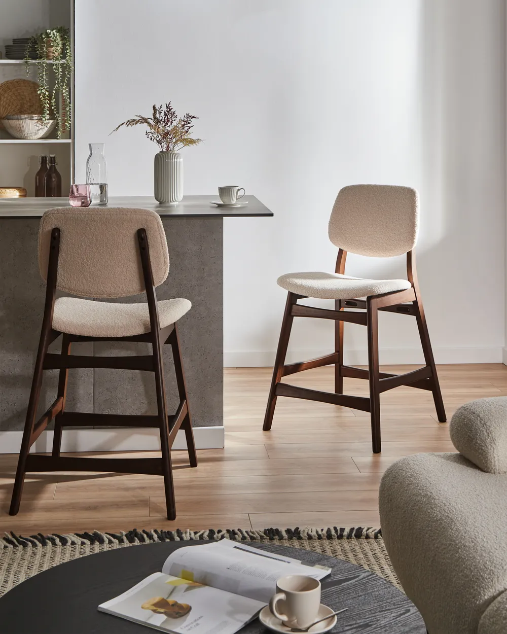 Set of 2 Bar Chairs ELAINE Boucle Brown/ Light Beige