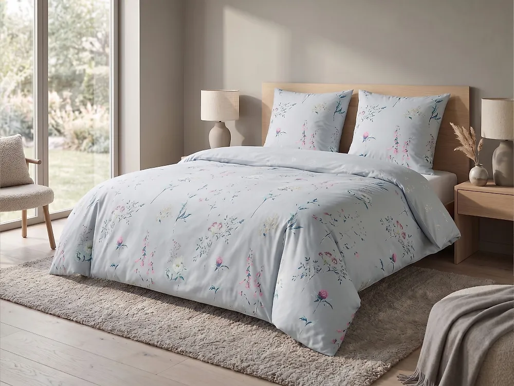 Duvet Cover Set EVERGREEN 220 x 240 cm Sateen Cotton Light Blue_1183273