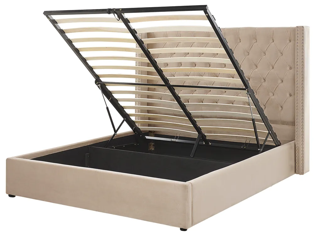 Ottoman Bed LUBBON Velvet Beige 160 x 200 cm (EU King Size)