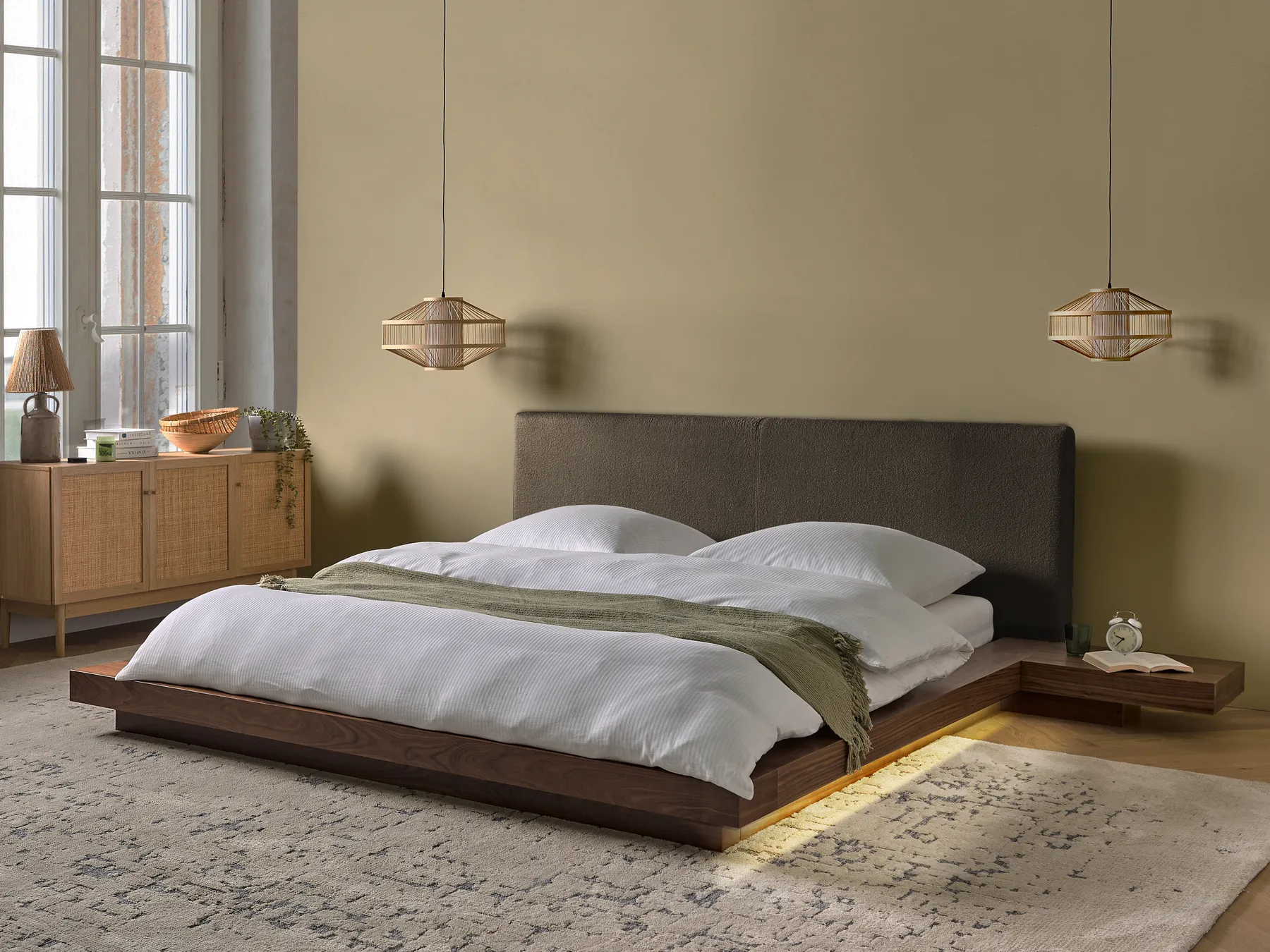 Bed with LED Boucle ZEN 180 x 200 cm (EU Super King) Brown Ash Wood_1079916