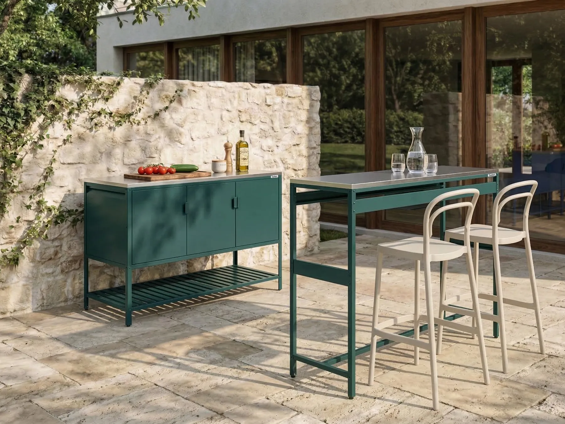 2 Piece Outdoor Kitchen Set with Bar Table MAENZA Green Metal_1045185