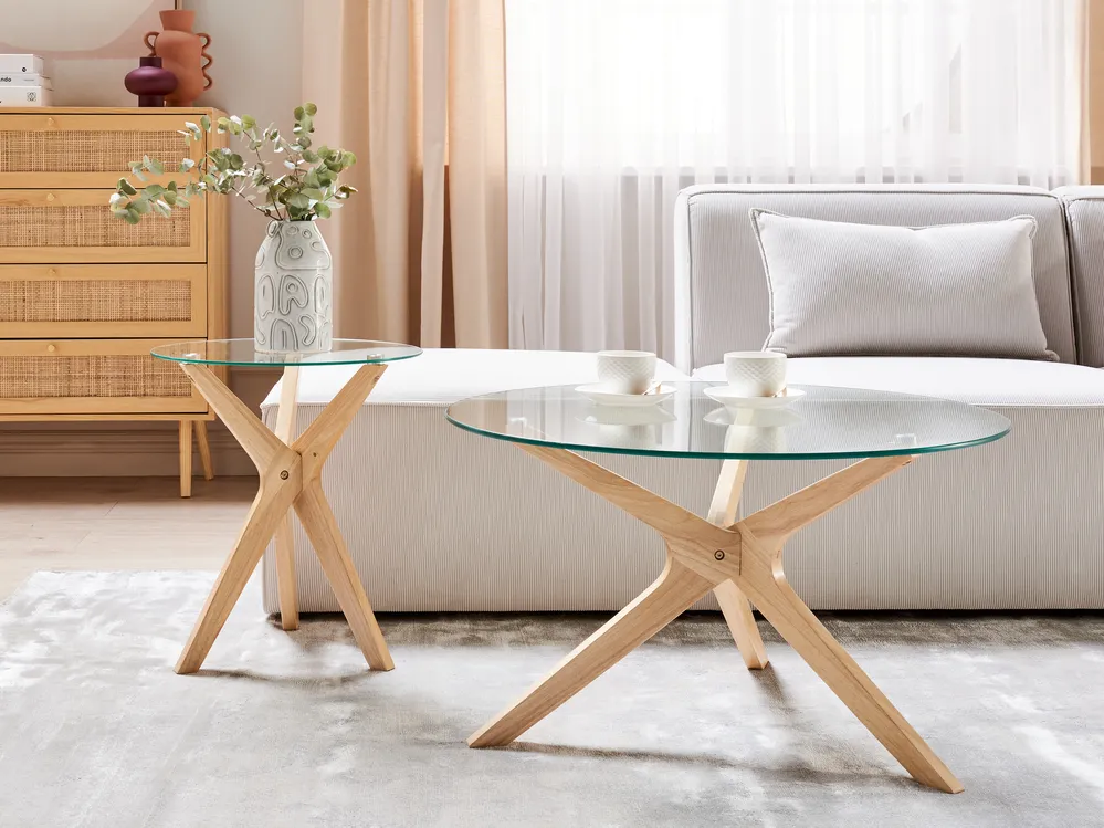 Set of 2 Coffee Tables VALLEY Tempered Glass Light Brown