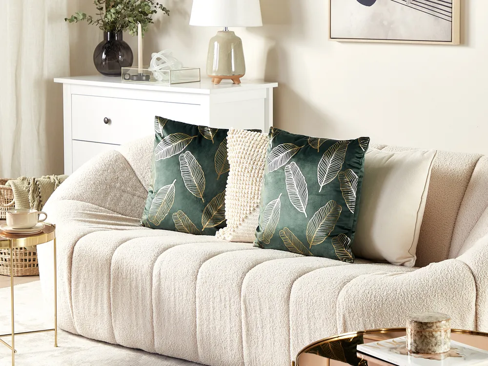 Set of 2 Decorative Cushions FREESIA 45 x 45 cm Velvet Dark Green Plant Pattern