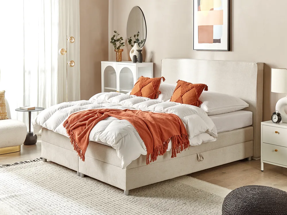 Divan Bed with Storage MINISTER Fabric Light Beige 160 x 200 cm (EU King Size)