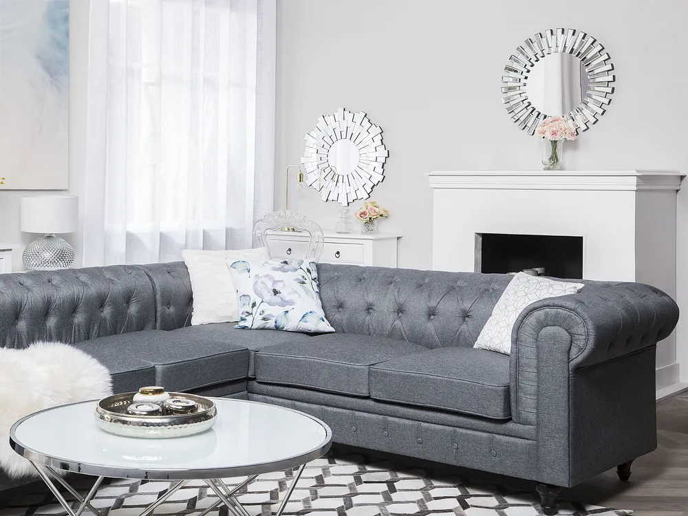 Corner Sofa 6 Seater CHESTERFIELD Fabric Grey Left Hand_759618