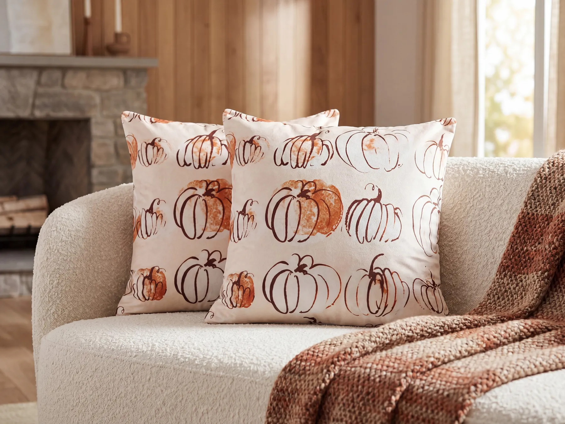 Set med 2 prydnadskuddar CUCURBITA 45 x 45 cm Sammet Beige Växtmotiv_830069