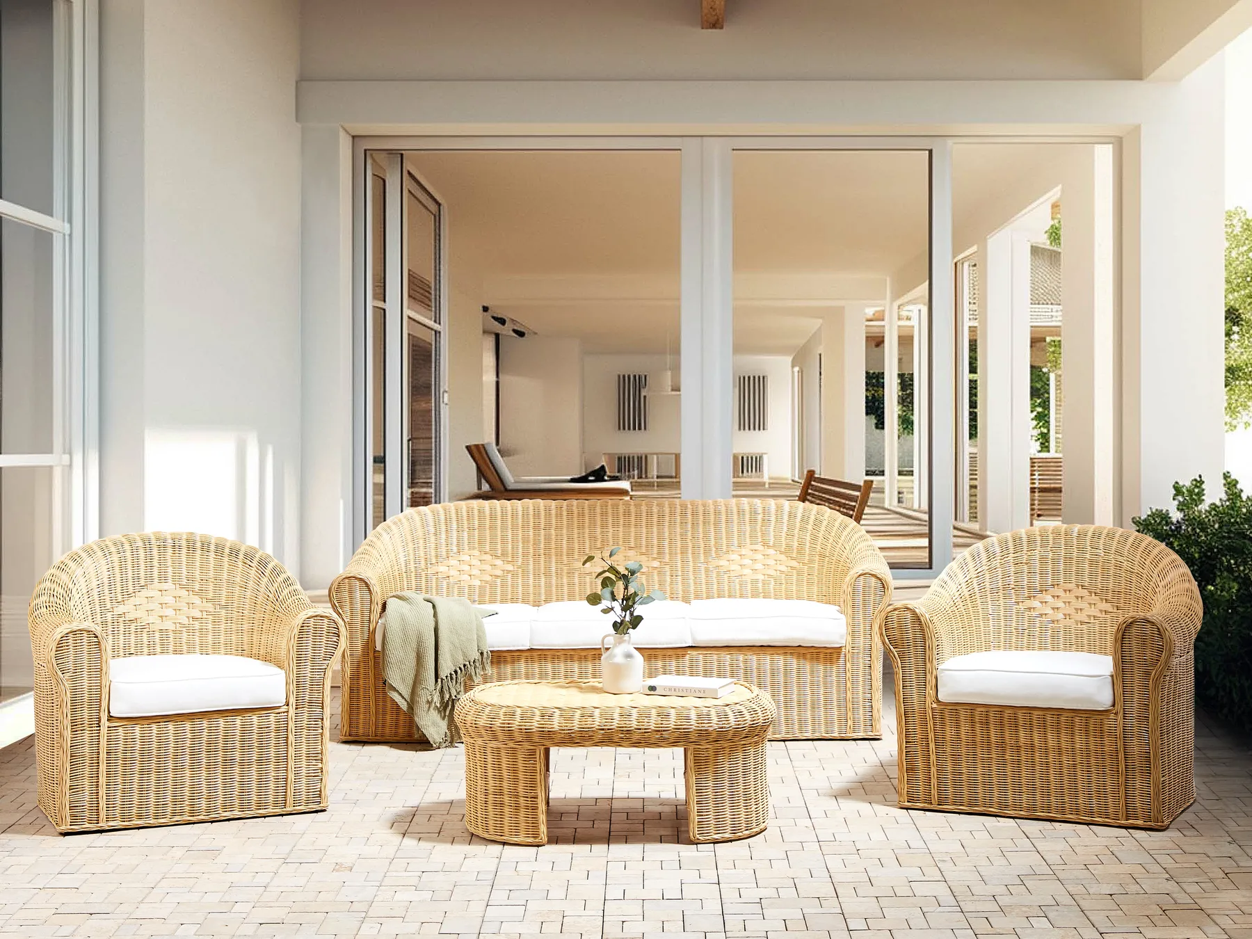 Garden Lounge Set with Table 5 Seater LIVADEIA Rattan Natural_920160