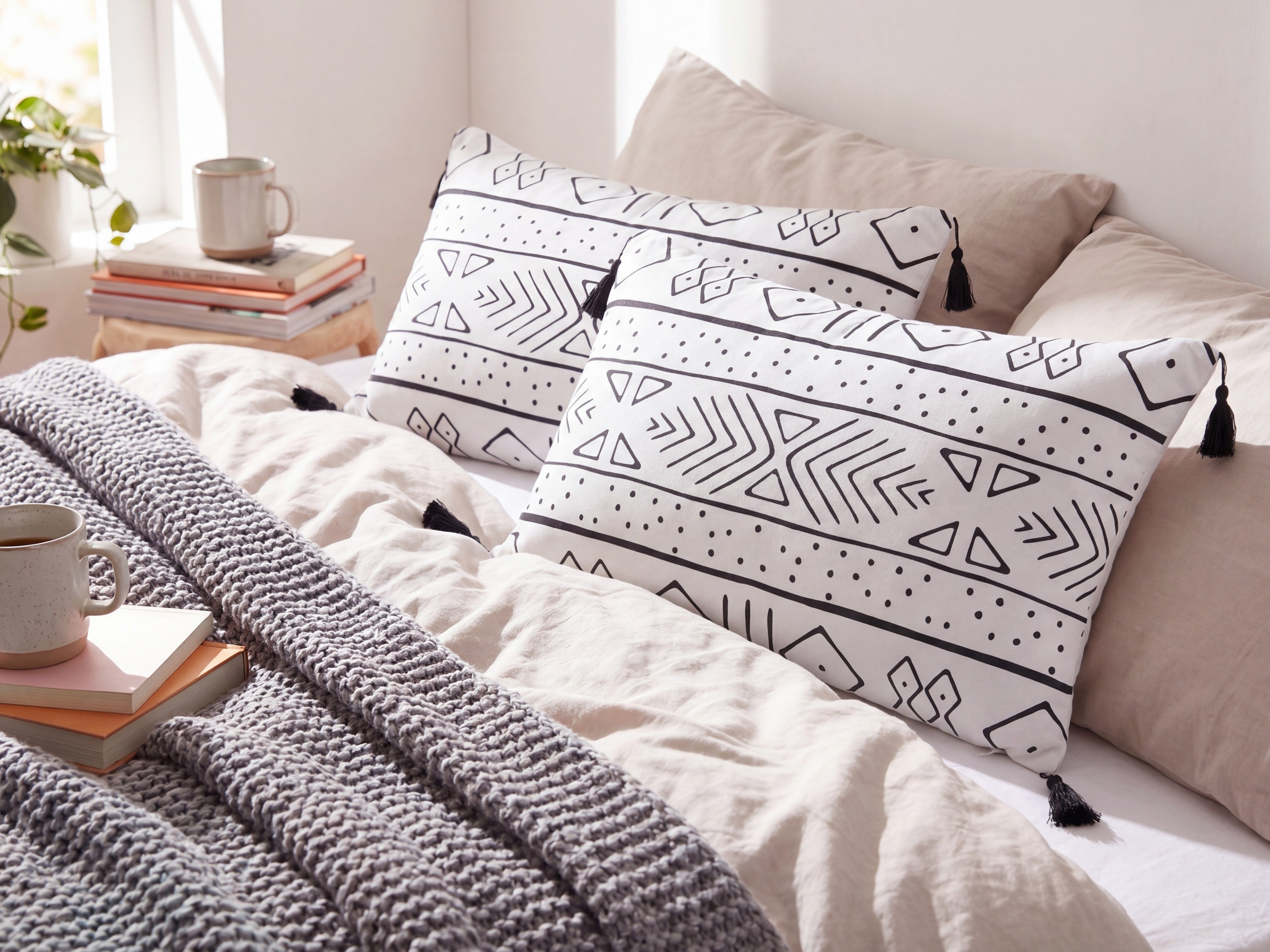 Koristetyynysetti 2 kpl SCHEFFLERA 30 x 50 cm Sametti Valkoinen Geometrinen kuvio_1180349