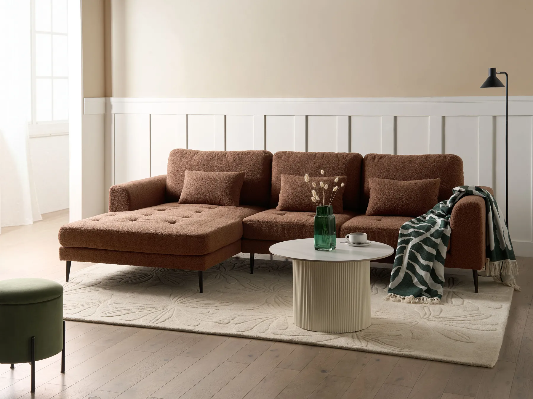 Corner Sofa 3 Seater FLAM Boucle Brown Right Hand_1034023