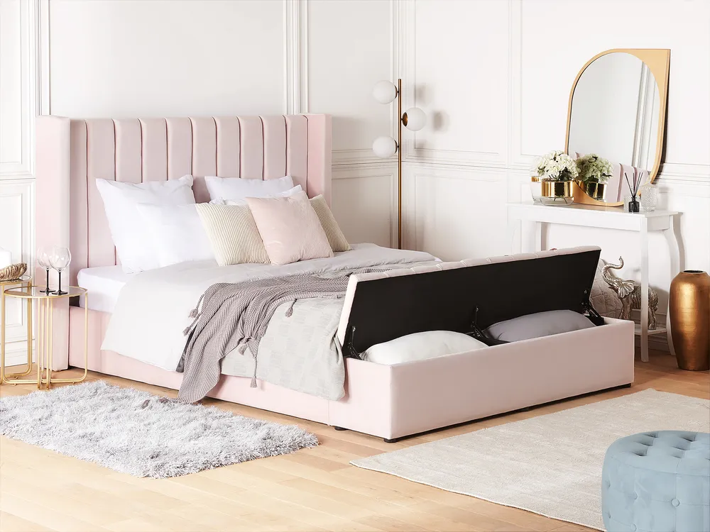 Waterbed with Storage Bench NOYERS Velvet Pastel Pink 180 x 200 cm (EU Super King)