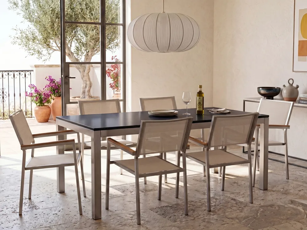 Trädgårdsmatgrupp 6-sits GROSSETO Härdat glas Svart/ Beige_1105771