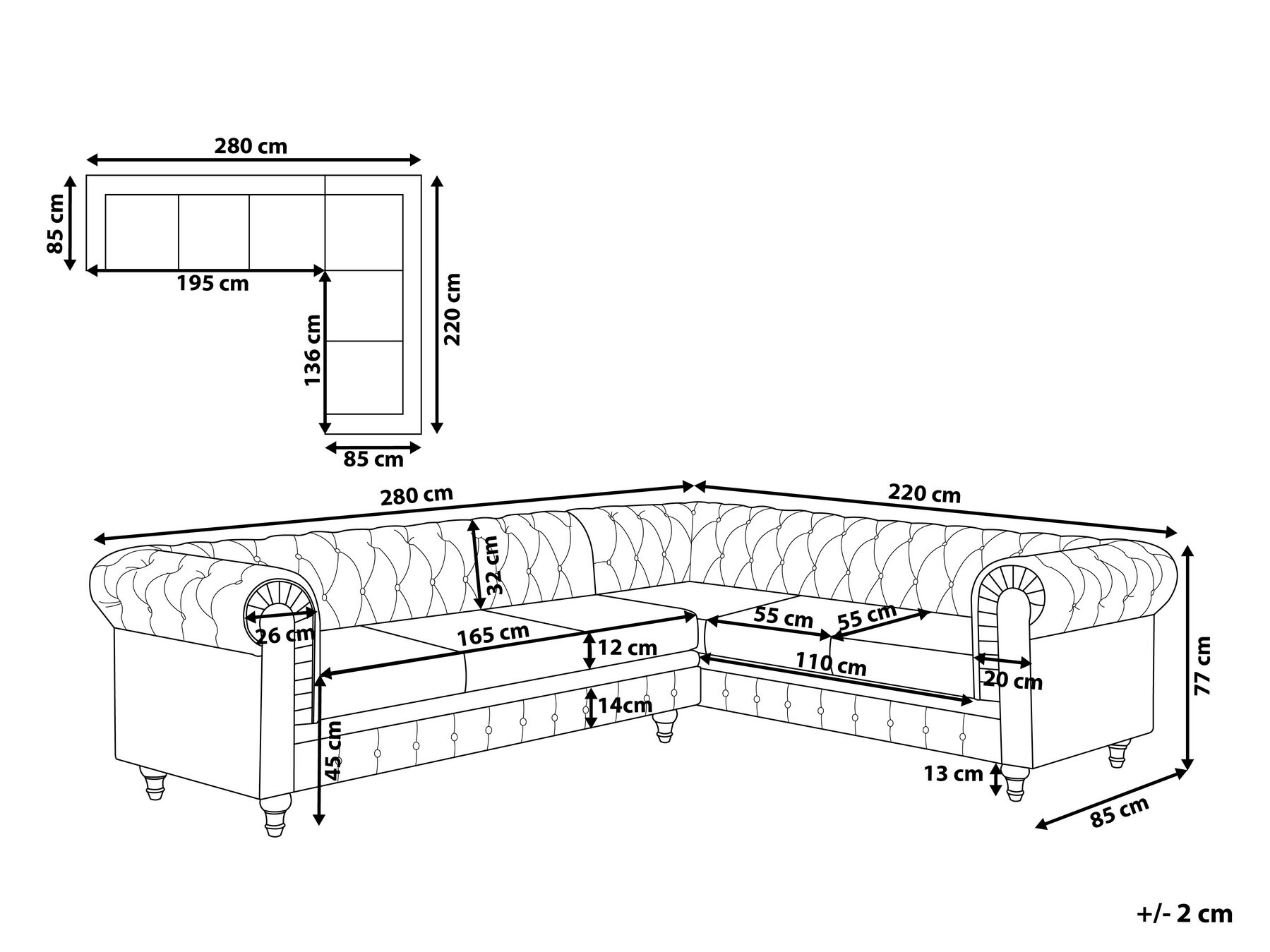 Corner Sofa 6 Seater CHESTERFIELD Fabric Grey Left Hand_709404