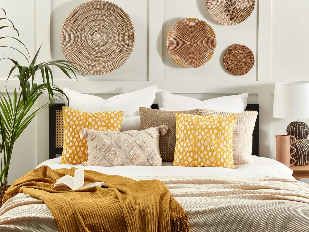 Throw Cushion GINNALA 45 x 45 cm Cotton Yellow Plant Pattern