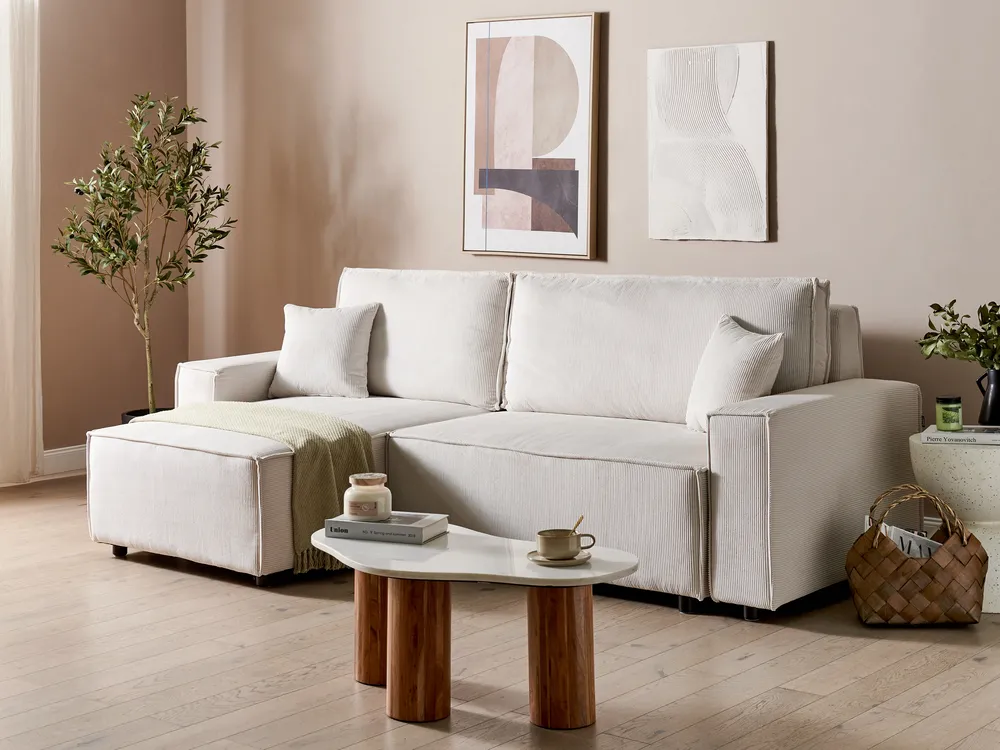 Corner Sofa Bed 3 Seater ABACKA Corduroy Off-White Right Hand