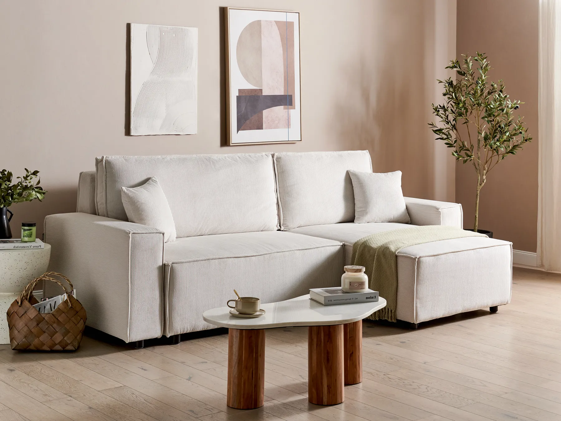 Corner Sofa Bed 3 Seater ABACKA Corduroy Off-White Left Hand_896733