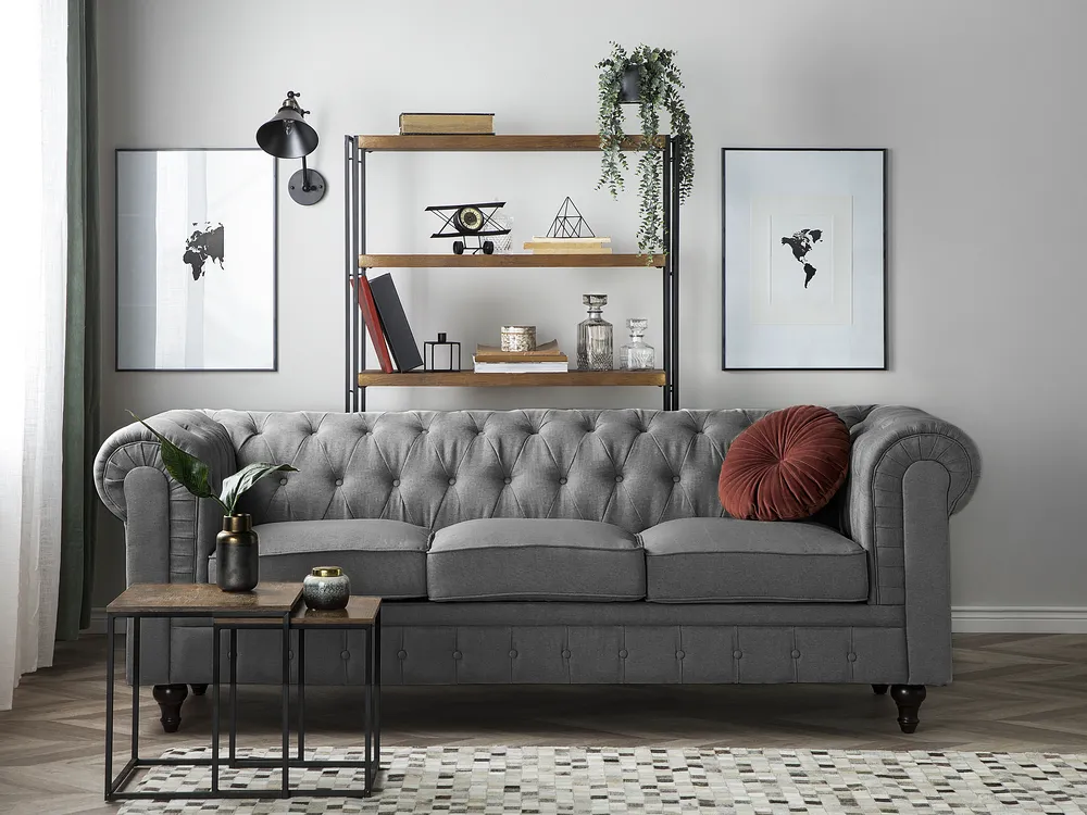 Sofa 3 Seater CHESTERFIELD Fabric Light Grey