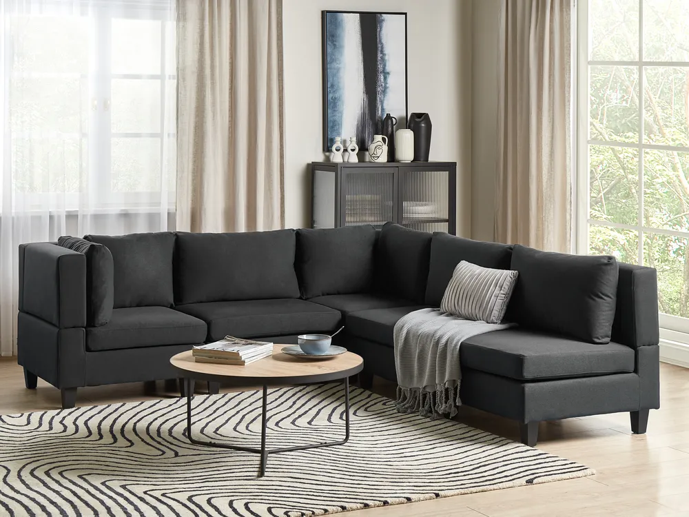 Modular Corner Sofa 5 Seater UNSTAD Fabric Black Right Hand