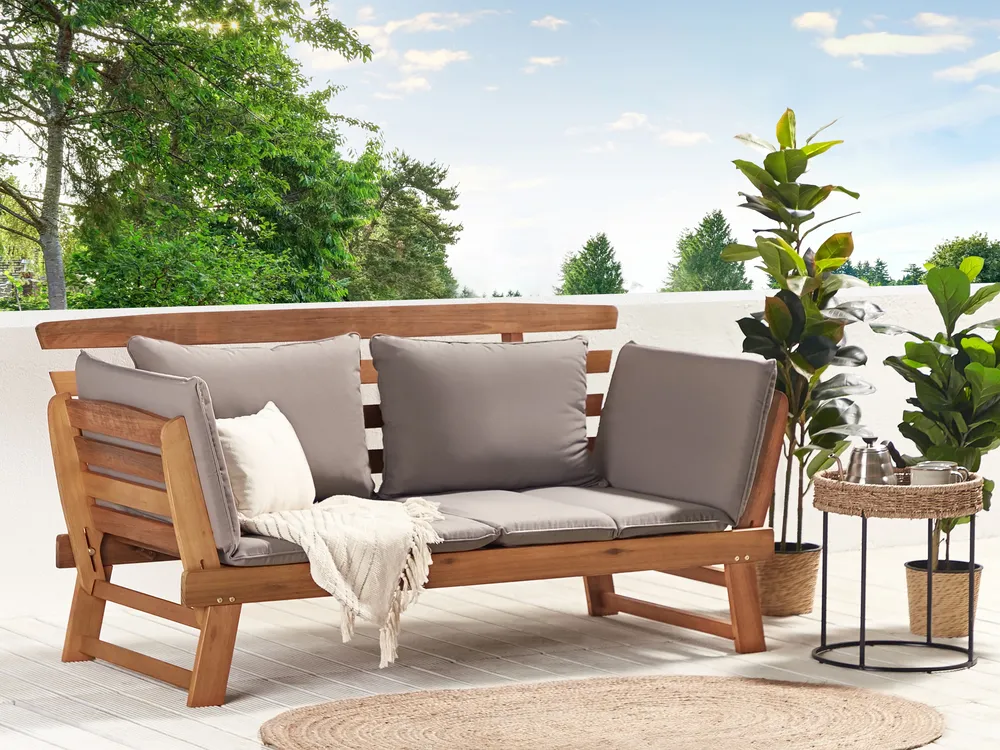 Garden Bench with Cushion PORTICI 210 cm Eucalyptus Wood Light Brown/ Taupe