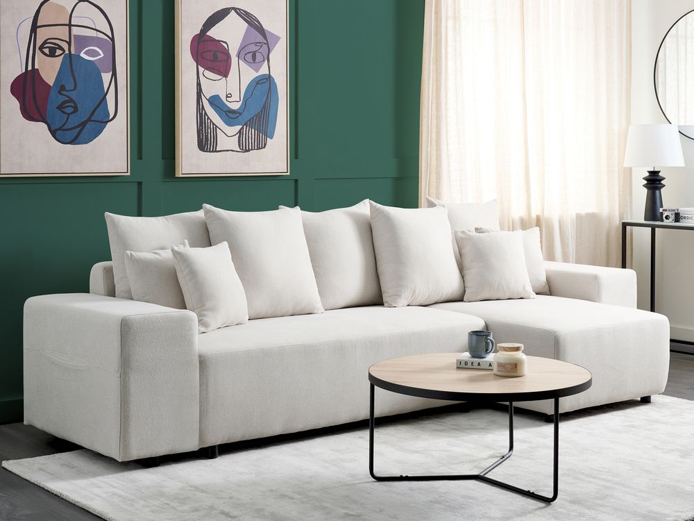 Corner Sofa Bed 3 Seater LUSPA with Storage Fabric Light Beige Left Hand
