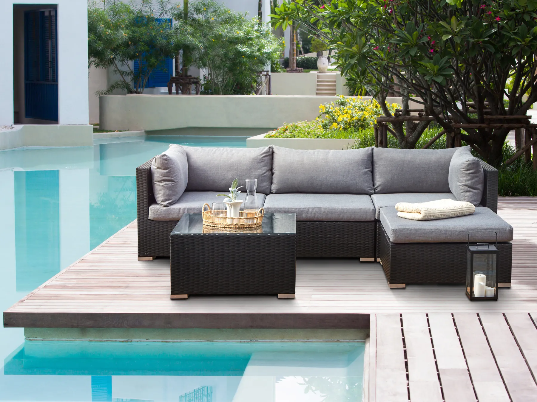 Garden Corner Sofa with Table 4 Seater SANO PE Rattan Black Left Hand_975964