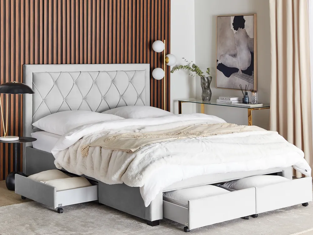 Bed with Storage Drawers LIEVIN Velvet Light Grey 160 x 200 cm (EU King Size)