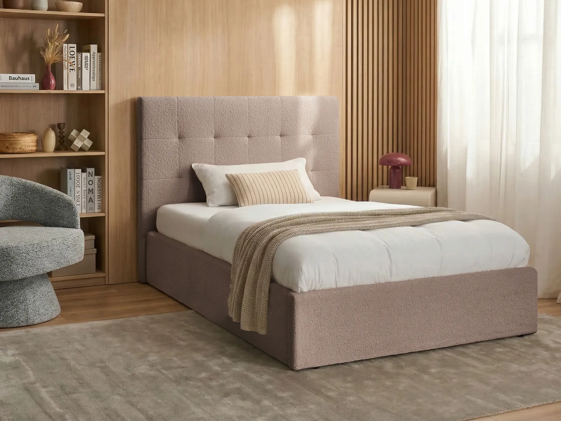 Säng med förvaring LORIENT Bouclé Beige 120 x 200 cm_1062981