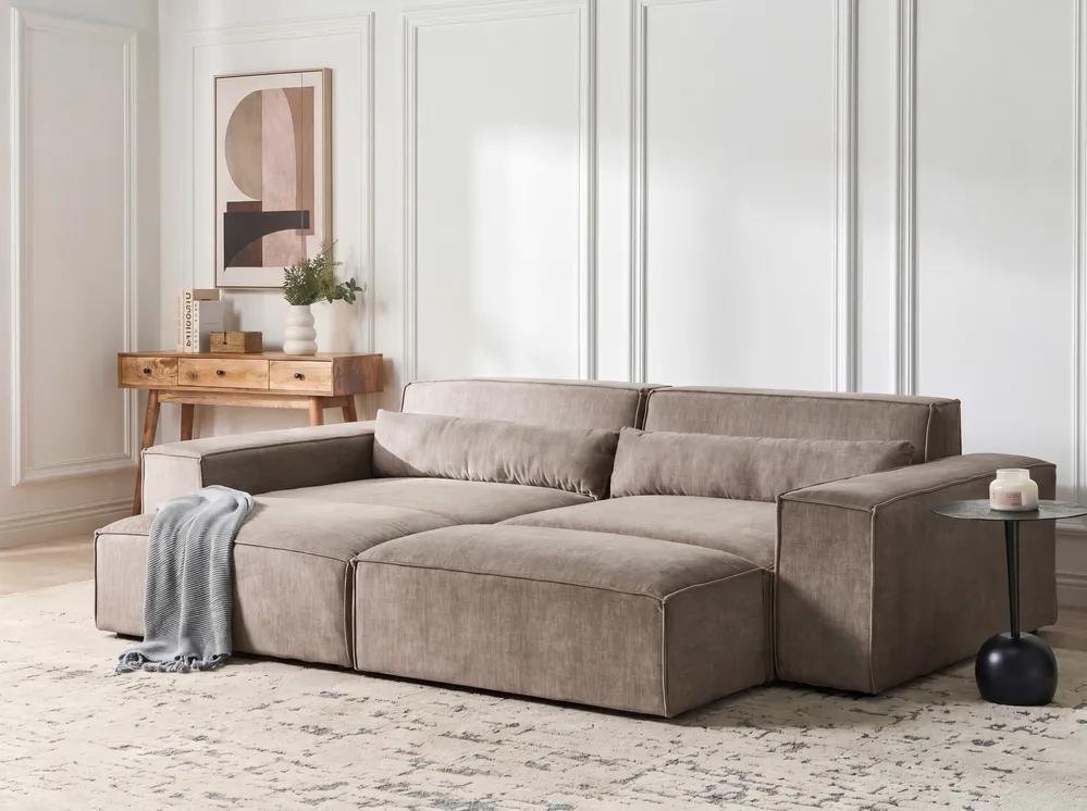 Modular Corner Sofa 3 Seater HELLNAR with Ottoman Fabric Light Brown Right Hand