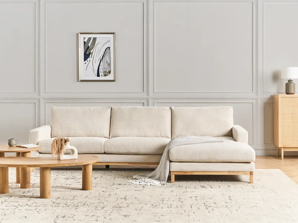 Corner Sofa 4 Seater SIGGARD Corduroy Light Beige Left Hand