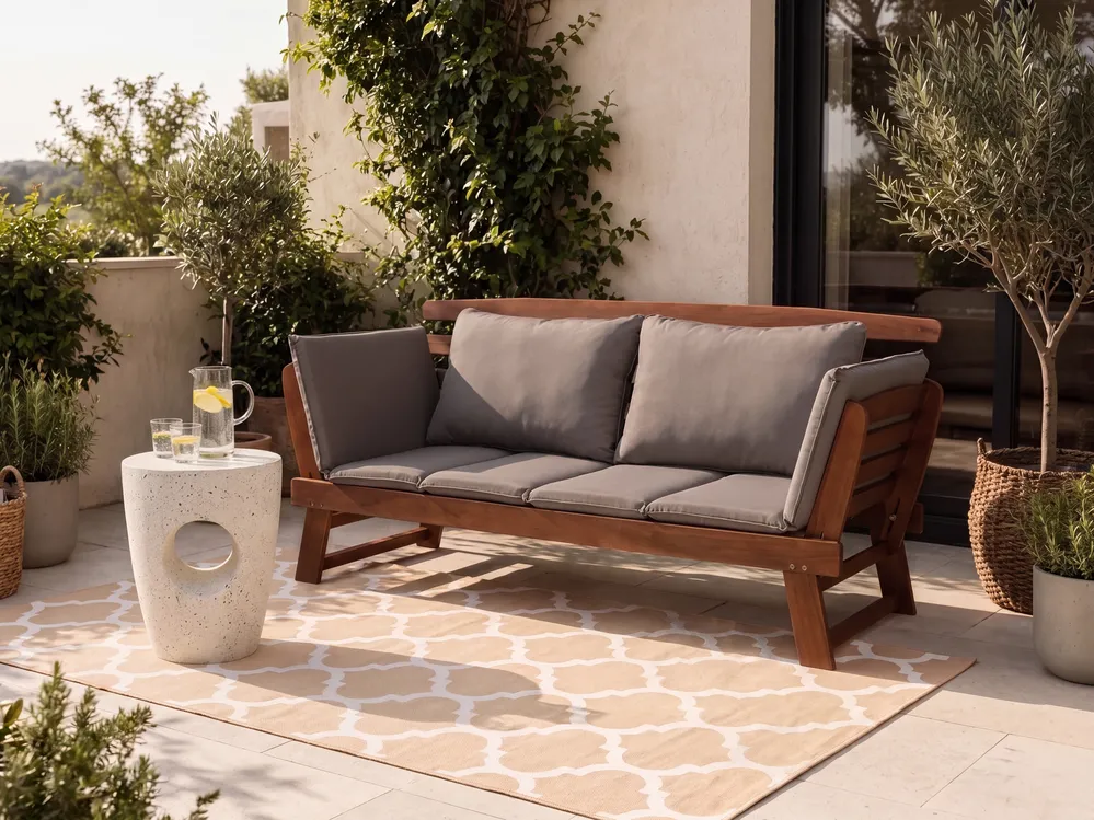 Garden Bench with Cushion PORTICI 210 cm Eucalyptus Wood Dark Brown/ Taupe