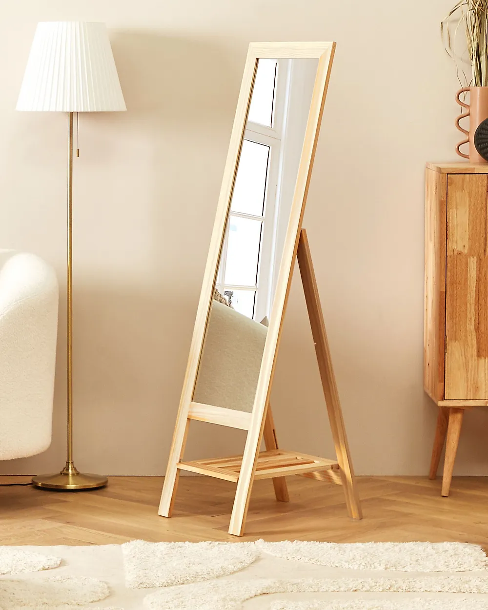 Standing Mirror with Shelf LUISANT 145 cm Pine Wood Light Brown_1178928
