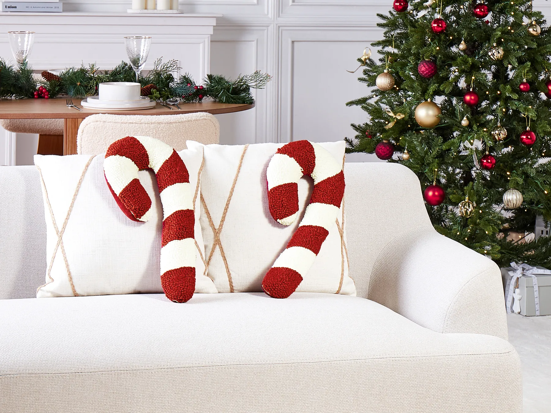 Set of 2 Decorative Cushions CANDY CANE 22 x 55 cm Boucle Red Christmas Motif_947107