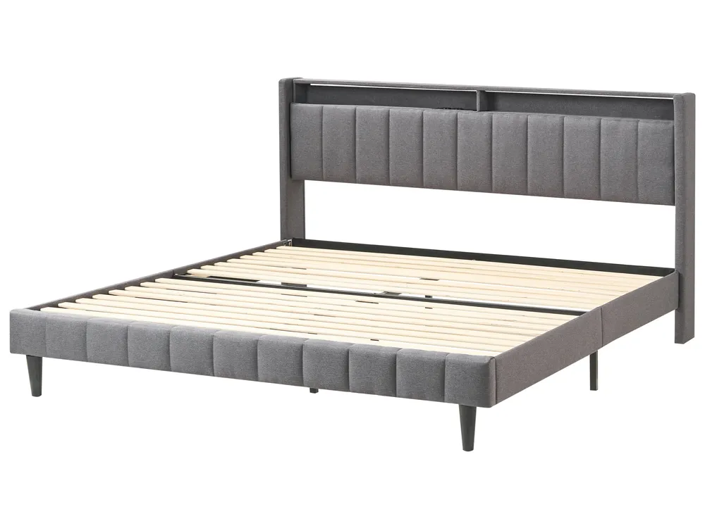 Bed with LED BEAULIEU Fabric Dark Grey 180 x 200 cm (EU Super King) with USB Port with Storage_993586