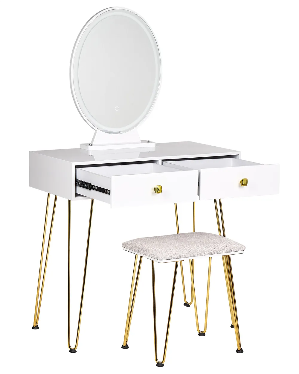 Sminkbord med spegel och pall CAEN LED Vit_844963