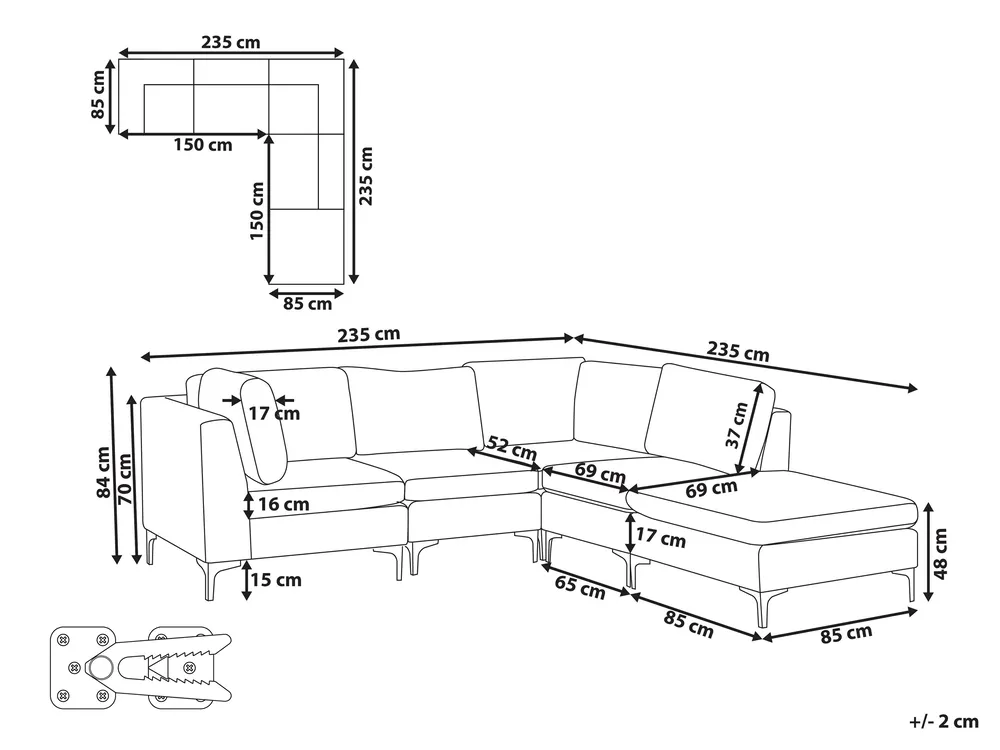 Modular Corner Sofa 4 Seater EVJA with Ottoman Velvet Grey Left Hand_817802