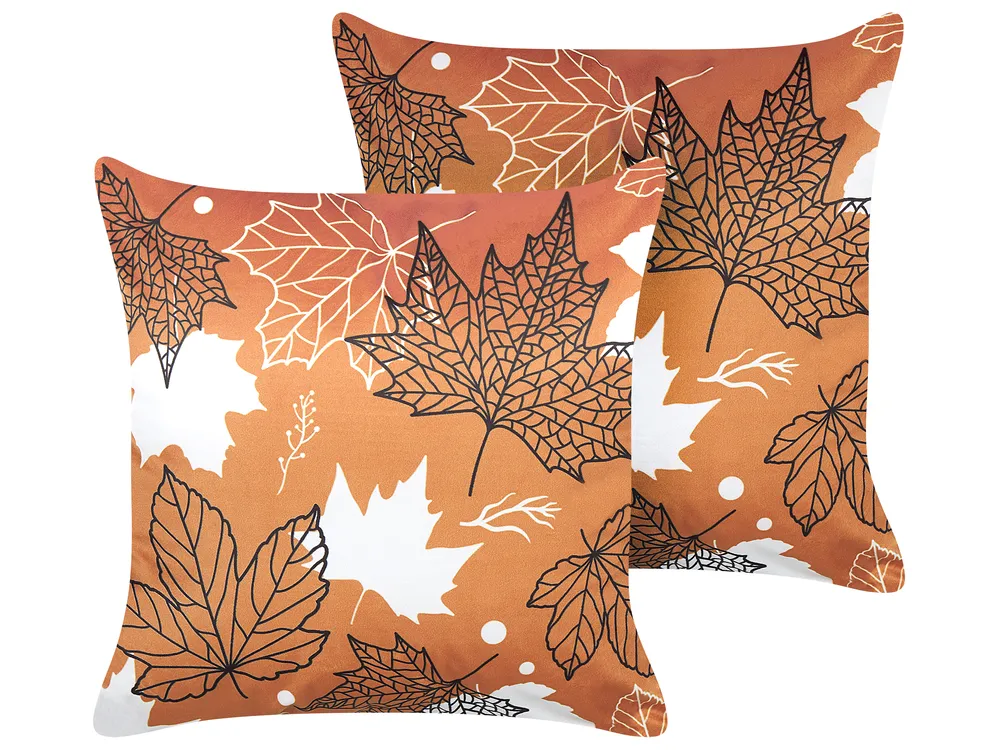Set of 2 Decorative Cushions POINSETTIA 45 x 45 cm Velvet Orange Plant Pattern