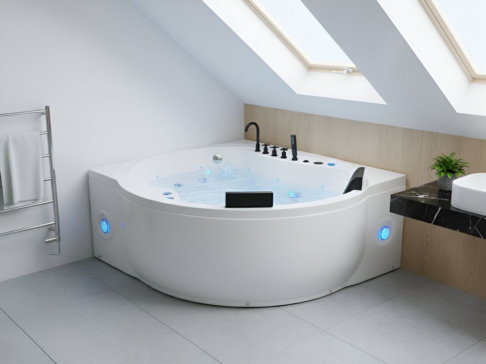 Hörnbubbelbadkar med LED MANRESA 225 x 160 cm med inbyggd Bluetooth-högtalare Vit