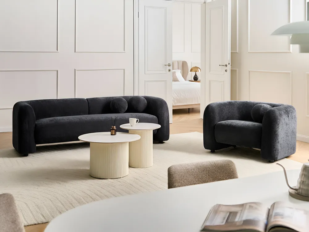 Living Room Set 4 Seater LEIREN Chenille Black