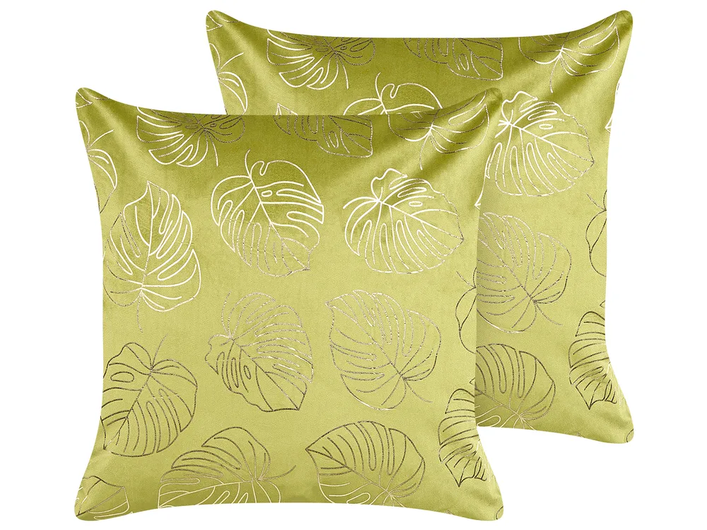 Set of 2 Decorative Cushions DELICIOSA 45 x 45 cm Velvet Light Green Plant Pattern