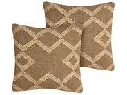 Set of 2 Decorative Cushions GOPI 45 x 45 cm Jute Light Brown Geometric Pattern_1124921