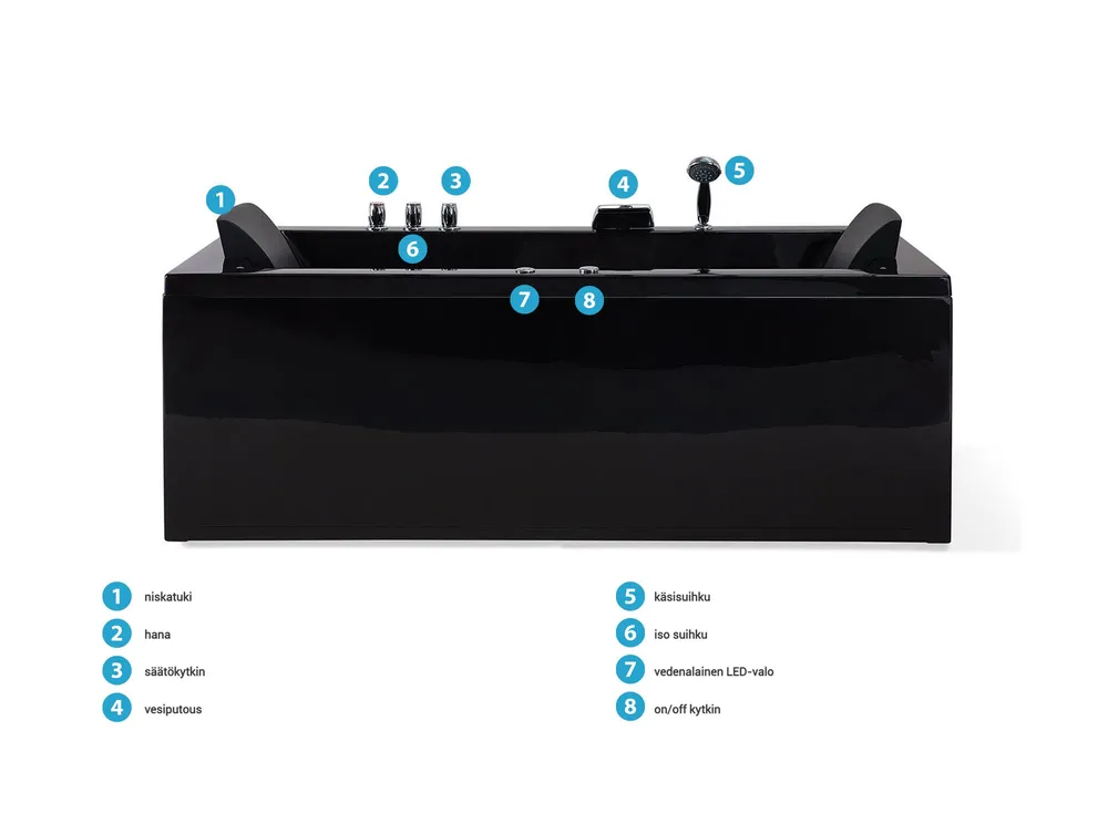 Kulmaporeamme LED-valolla VARADERO 183 x 90 cm Musta Vasen_787095