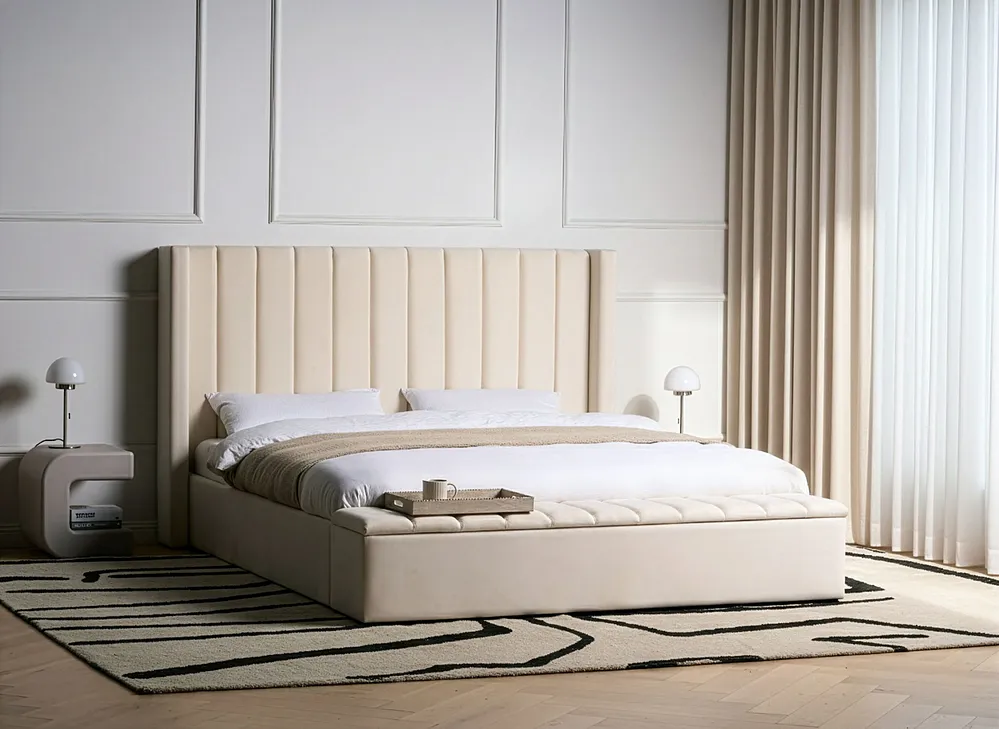 Säng med förvaringsbänk NOYERS Sammet Off-White 180 x 200 cm_1156395